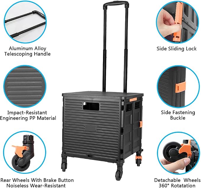 FELICON SELORSS Foldable Utility Cart Folding Portable Rolling Crate-Black | Heavy Duty,Telescoping Handle,4 Rotate Wheels,Collapsible Handcart for Travel Shop Move Luggage Laundry Teacher Office Use