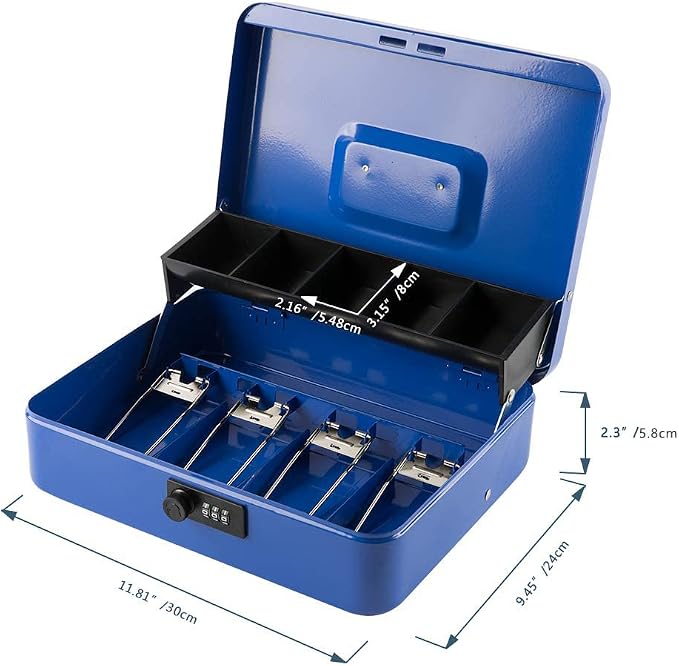 KYODOLED Metal Cash Box with Combination Lock & Spring-Loaded Bill Clips, 5-Compartment Cantilever Coin Tray, Portable Safe for Yard Sales/Craft Fairs/Small Businesses, 11.81”x9.45”x3.54”, Blue