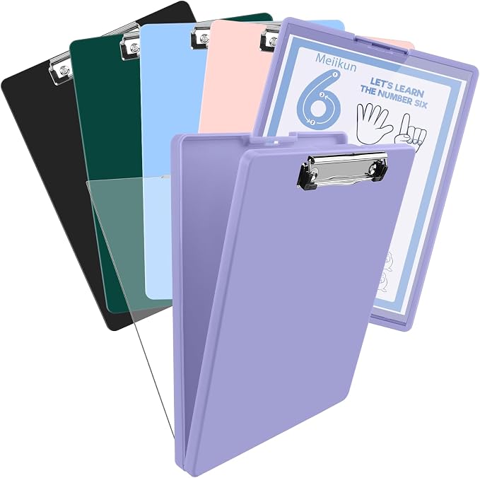 Meiikun Clipboard with Storage, Plastic Clip Boards 8.5x11 Folder with Clear Panel for Dry Erase Quick Reference, Clip Board Storage Clipboards Case for Teacher School Office Supplies (Pale Purple)