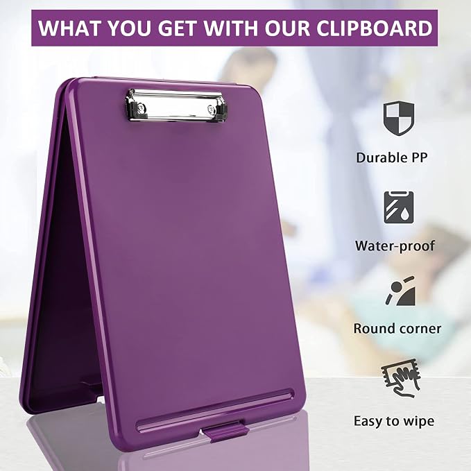 A4 Clipboards, Folder Clipboard with Storage, Folio Plastic Clipboard with Low Profile Clip, File Binder Clipboard Case, Waterproof Nursing Clipboards Foldable Case for Office Work (Dark Gray-Purple)
