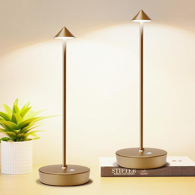 Set of 2 Cordless Rechargeable Led Table Lamp Battery Operated Light Bronze | 6000mAh Touch 3 Color Dimming Portable Metal Outdoor Waterproof Light for Patio/Restaurant/Dining/Home