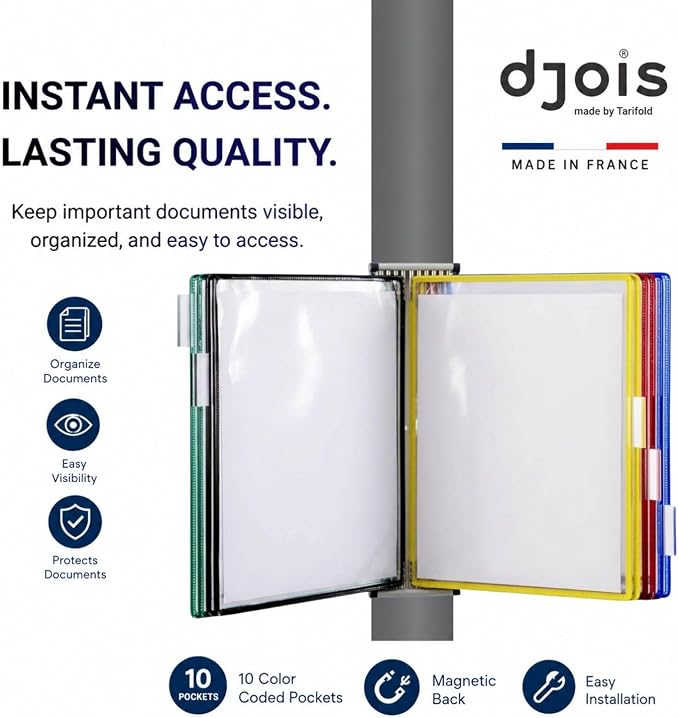 Tarifold Magnetic Wall Mount Reference System, 10 Pockets, Assorted Colors | 10 double-sided PVC pockets hold 20 letter-size sheets, magnetic mounting plate, snap-on index tabs, easy to install