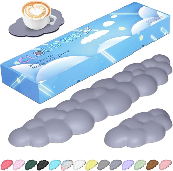 JIKIOU Upgrade Leather Cloud Wrist Rest for Keyboard and Mouse & Cup Pad | Wish Gift-Cute Cloud Shape, Comfortable and don’t Irritate to Skin, Non-Slip PU Base,Soft Memory Foam filled for Pain Relief