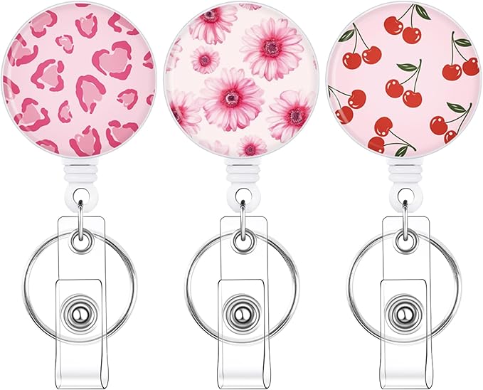 BESARME 3 Pack Badge Reels Retractable Badge Clip with Key Ring Retractable Badge Holders for Office Worker Teacher Nurse Student（Pink Flower）