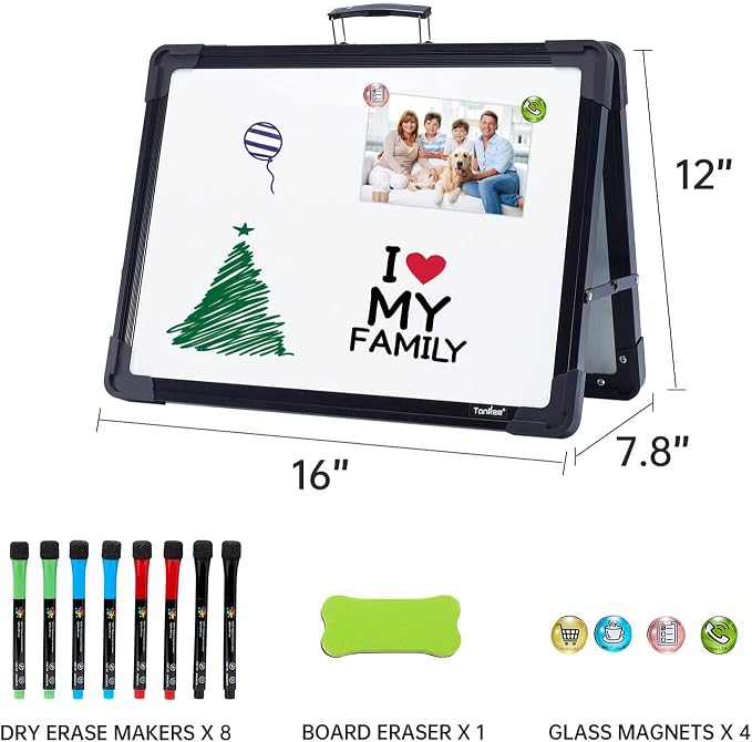 Dry Erase Board, 16x12 Inches Double Sided Magnetic Small Whiteboard | Portable, Foldable, With Stand, Magnetic, Desk Top White Board for School Classroom Homeschooling Office Home Teacher Student