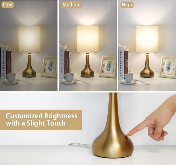 Set of 2 Bedside Touch Lamps, 16 Inch Dimmable Small Nightstand Lamp, Night Light Lamp Simple Touch Table Lamp with Brass Metal Base for Living Room Bedroom Office, A19 3000K Led Bulb Included
