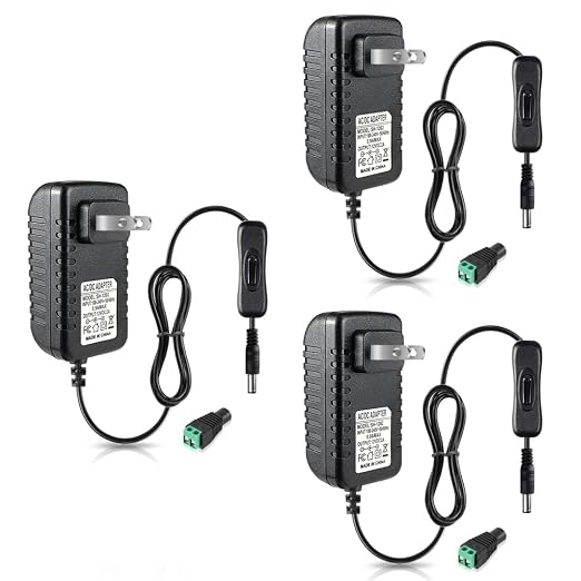 12V Power Supply, 12 Volt 2A 24W DC Power Supply with On Off Switch, Black Switching LED Power Adapter, AC 110V to 12V Transformer Plug for LED Strip Lights with 5.5/2.1 DC Female Connector, 3 Pack