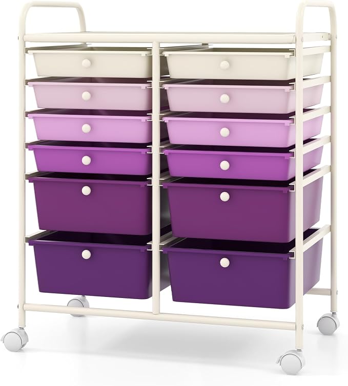COSTWAY 12-Drawer Rolling Storage Cart, Moveable Art Craft Organizer | Lockable Wheels, Metal Shelf, Files Arrangement Tools Makeup Storage Cart for Office, Home, School (Purple Gradient)