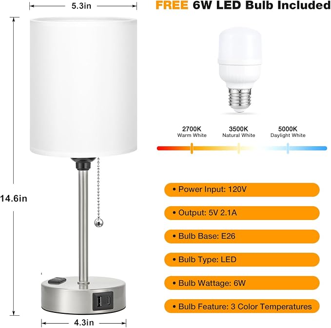 White Bedside Lamp for Bedroom - 3 Color Temperatures Desk Lamp with USB C and A Ports, Pull Chain Table Lamp with AC Outlet, Nightstand Lamp with Silver Metal Base for Kids Girls | USB A+C Ports, AC Outlet, 3-Color Temps, LED Bulb Included, White Fabr...