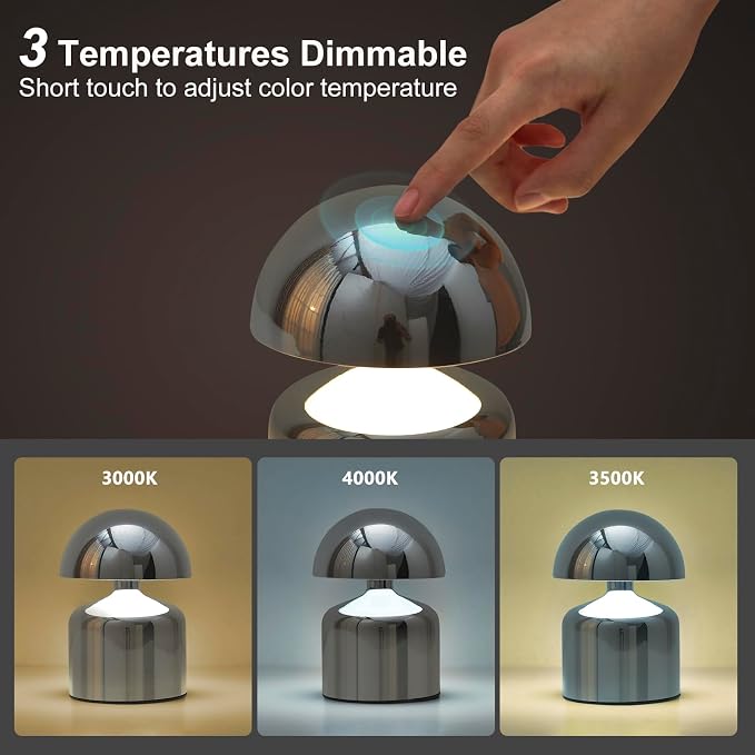SAIWEYA Modern Cordless Mushroom Small Table Lamp, Dimmable Touch Battery | 3-Way Dimmable, Mini Rechargeable LED Desk Lamp, Night Light, Bedside Nightstand Lamps for Bedroom, Living Room