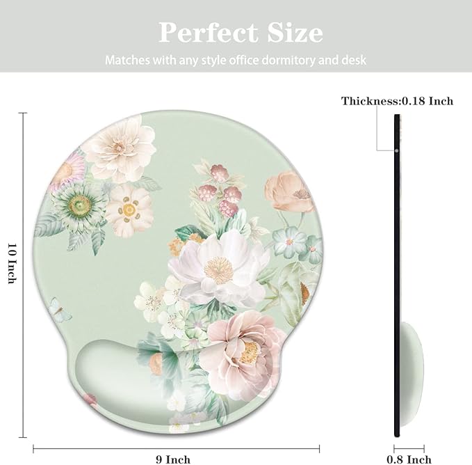 WAVEYU Ergonomic Mouse Pad with Wrist Support, Office Mousepad with Wrist Rest, Computer Gaming Mouse Pad for Laptop, Pain Relief Mouse Mat with Non-Slip Rubber Base, 9''x 10'', Green Flower 02