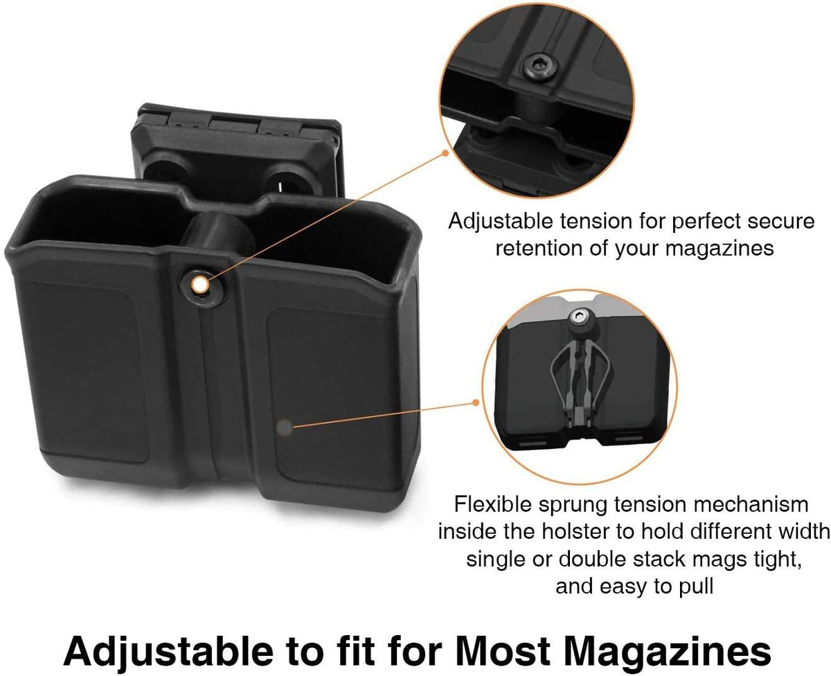 OWB Polymer Double Magazine Holster Ambidextrous Carrier, Fits 9mm/.40 Calibers Double Stack Magazines of Glock, S&W, Sig Sauer, Springfield, Taurus, Beretta, Ruger, Walther, Canik, Colt, CZ, H&K