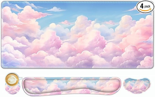 ToLuLu Large Mouse Pad Desk Pad, Wrist Rest Desk Mat for Keyboard and Mouse | 4PCS 35.4”x15.7" XXL Giant Mouse Pad Set, Non-Slip Base Stitched Edges Support Mousepad for Home Office, Dreamy Clouds