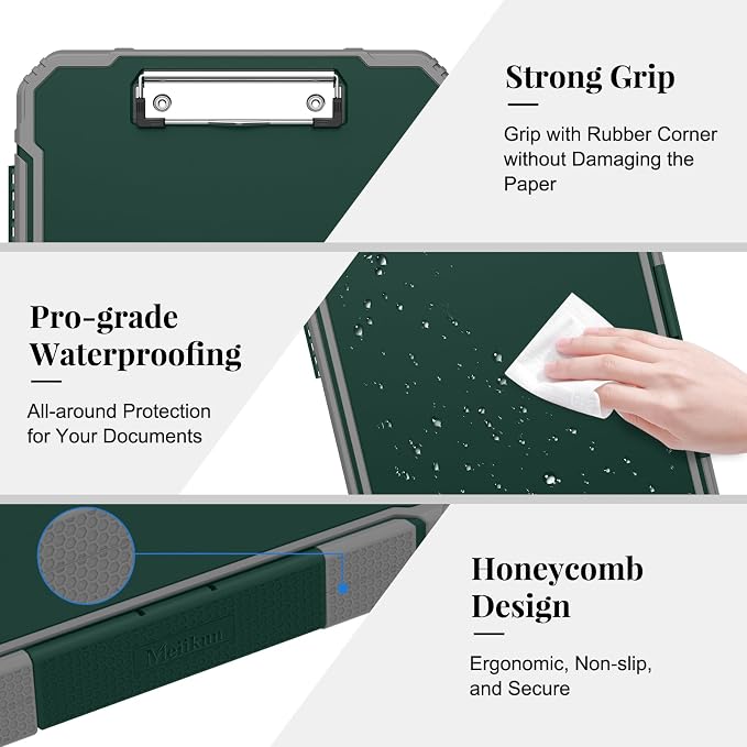 Meiikun Clipboard with Storage, Rugged Shockproof Protective, Internal Pen Pouch & Metal Clip, Heavy Duty Plastic Clip Boards 8.5x11, High Capacity Contractor Folder for School Office (Emerald)