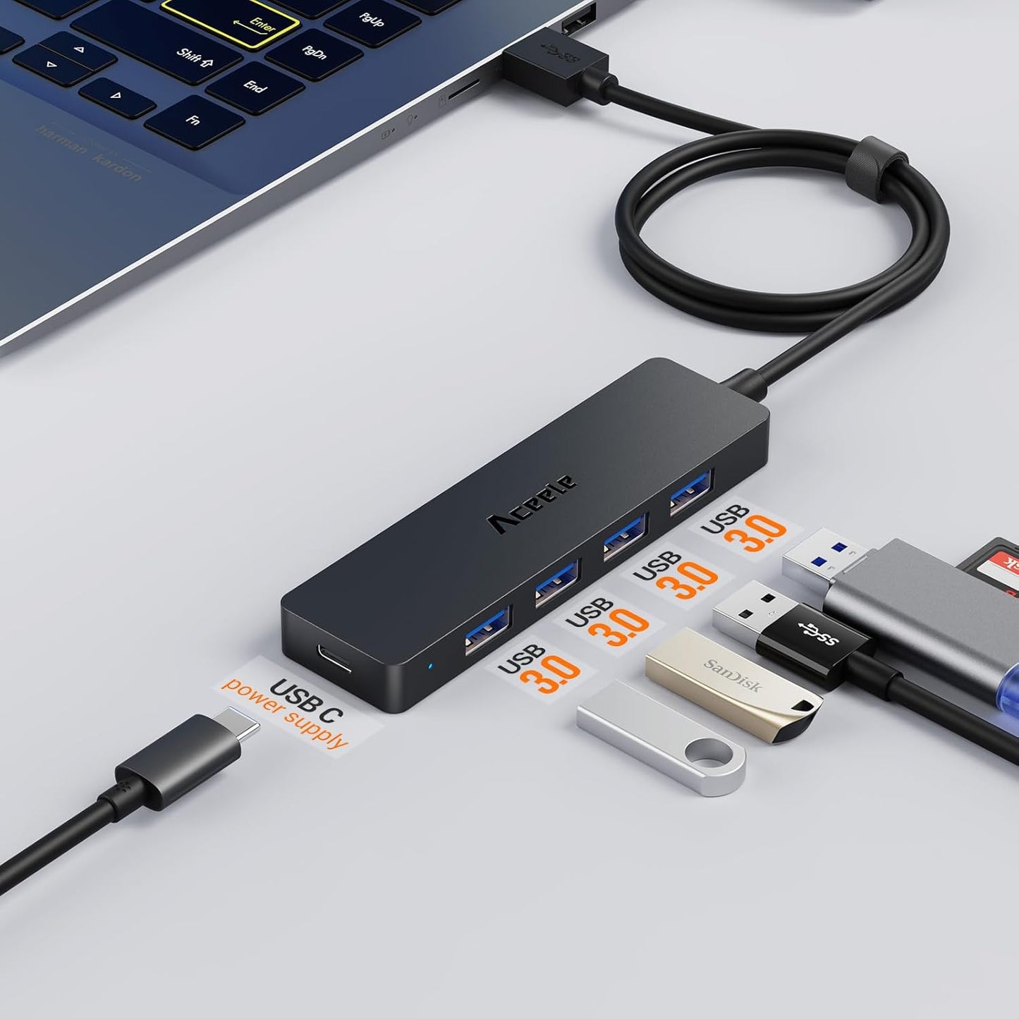 Aceele USB Hub 3.0 Splitter with 4ft Extension Long Cable Cord, 4-Port Ultra-Slim Multiport Expander with Type-C Power Port, USB Extender for Desktop, Computer, PC, Laptop, iMac, PS4 and More