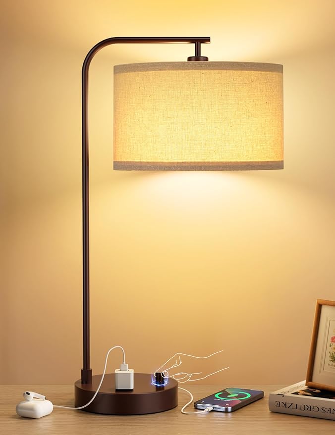 Innqoo Brown Table Lamp for Bedroom with USB Port and Outlet, Dimmable Nightstand Bedside Lamps with Linen Lampshade, Desk Lamp for Home Office, Living Room, Guest Room, LED Bulb Included