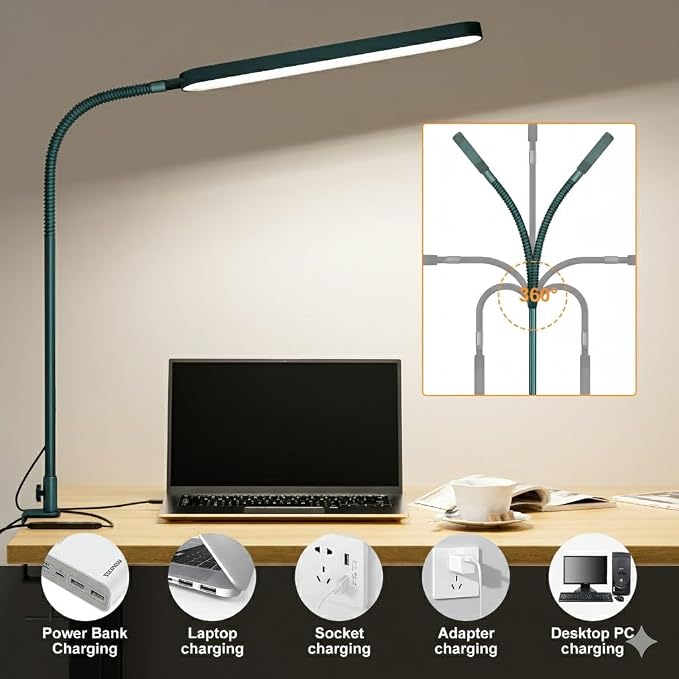 LED Desk Lamp - Desk Light for Home Office - Flexible Gooseneck - 5 Color Modes X 11 Brightness Levels - 1300LM - Timmer & Memory Function - 12W Clip on Light - Green