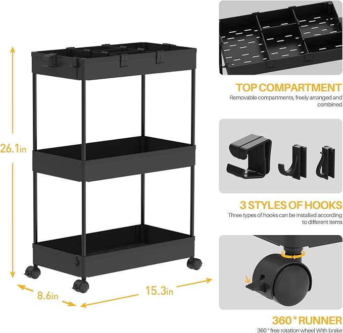 3 Tier Rolling Cart with Wheels, Storage Craft Art Trolley Organizer Serving, 3 Hanging Baskets Easy Assembly, for Office, Bathroom，Living Room, Kitchen, Black