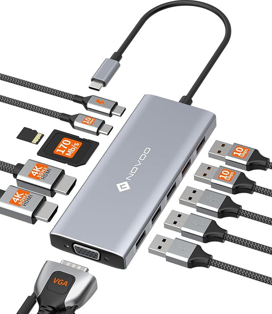 NOVOO USB C Docking Station Dual Monitor, 12-in-1 USB C Hub with HDMI 4K, VGA, USB 10Gbps, SD/TF, 100W PD, Multiport Adapter Compatible with MacBook Dell HP Surface