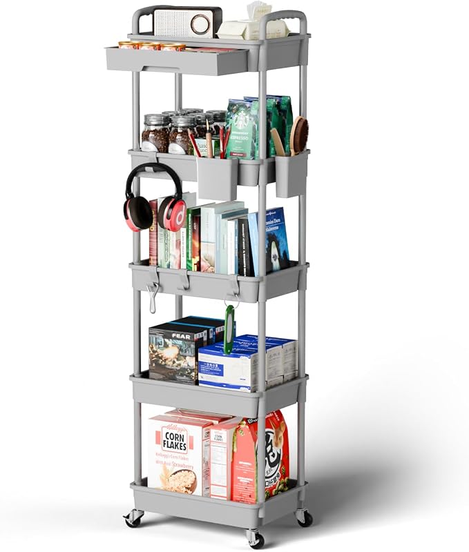 Sorgion 5 Tier Rolling Cart Organizer,Bathroom Cart Organizers with Wheels Laundry Room Organization Mobile Shelving Unit Utility Cart Storage Shelves Multi-Functional for Office, Home(Grey)