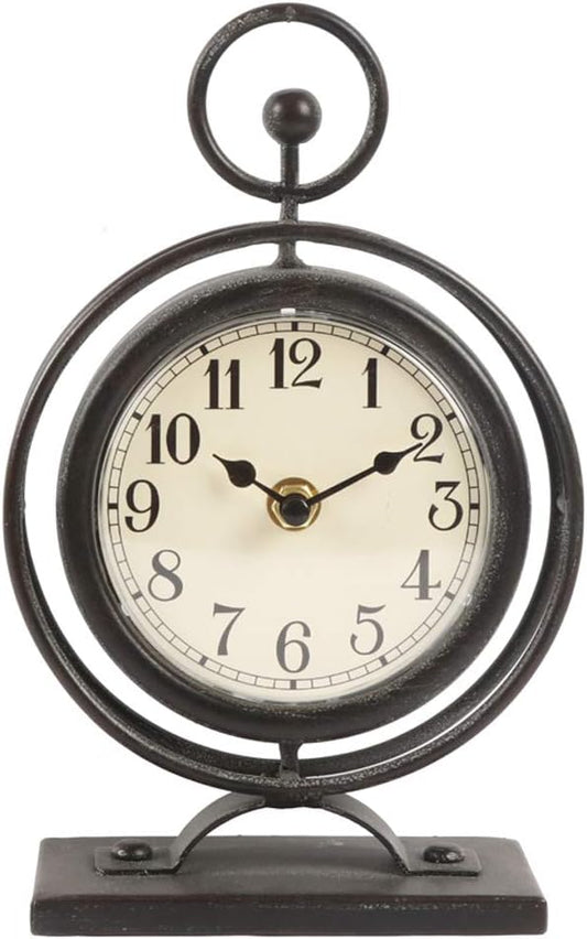 Small Vintage Metal Desk Clock, Decorative Table Clock for Living Room, Silent Mantel Clocks Farmhouse Shelf Decor Battery Operated, 9.5" Black