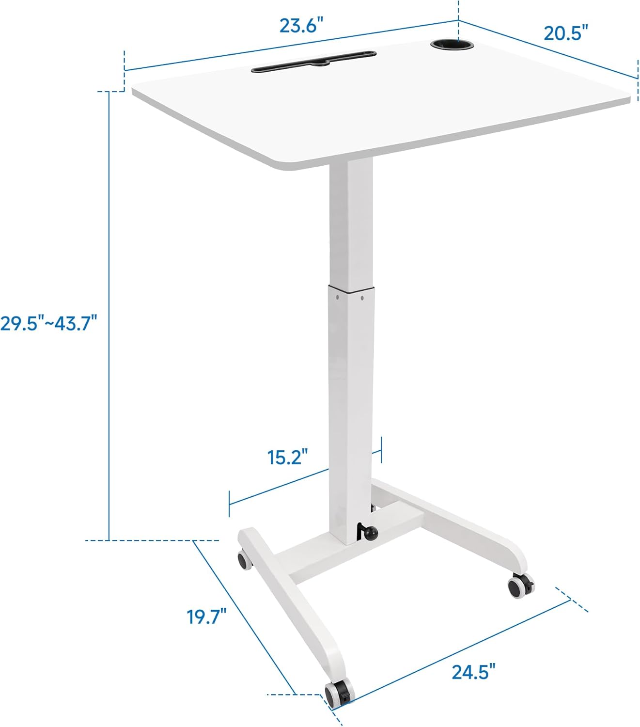 Rolling Laptop Desk Adjustable Height(29.5”- 43.7”)，Mobile Workstation Cart with 23.6" x 20.5"Desktop, Standing Desk Mobile Portable PC Table for Home,Office or Classroom in White