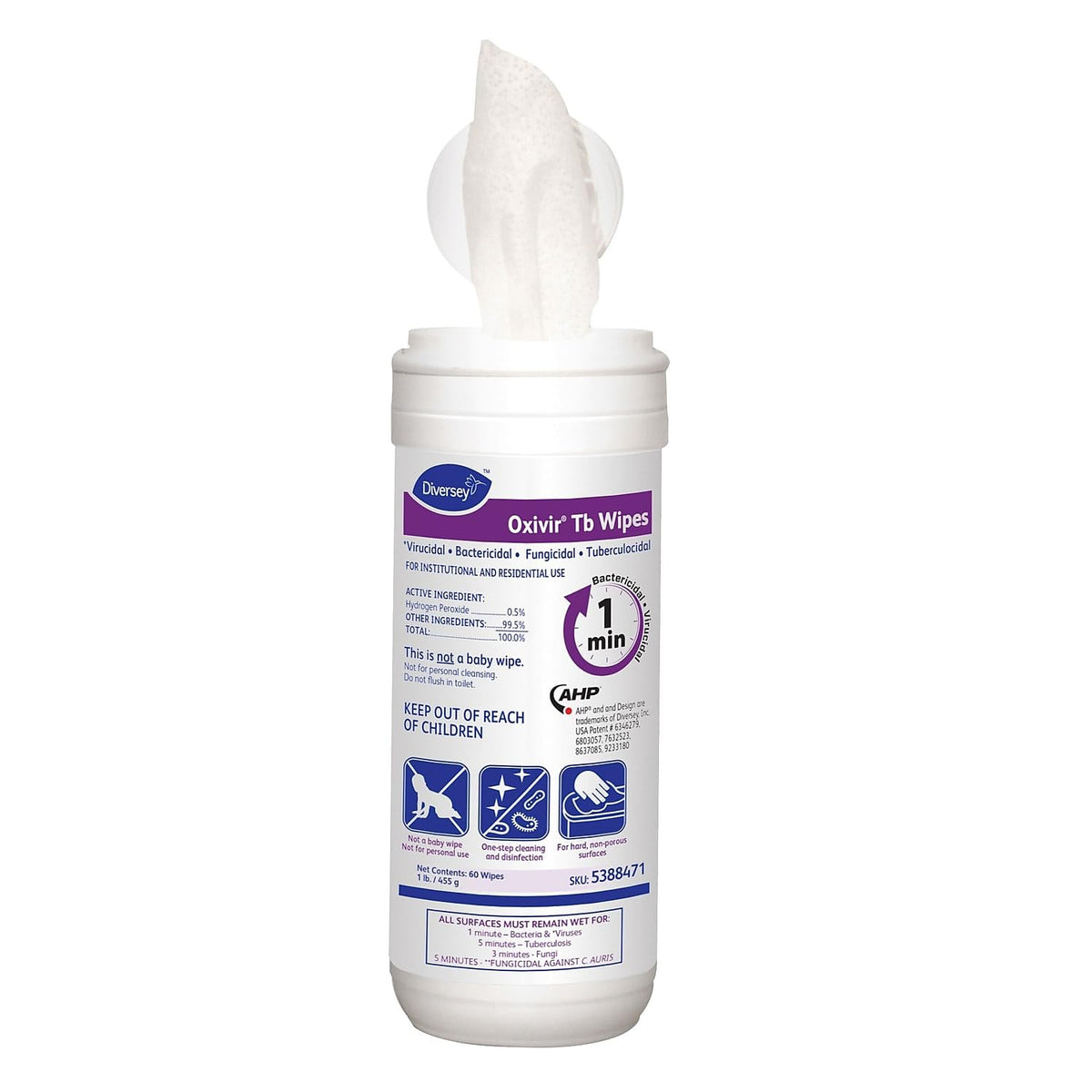 Oxivir Diversey Tb 5388471 Ready-to-Use Disinfectant Cleaning Wipes, Accelerated Hydrogen Peroxide, Large 7x8-Inch Sheets, 60-Wipes, 1-Slim Canister (Pack of 12)