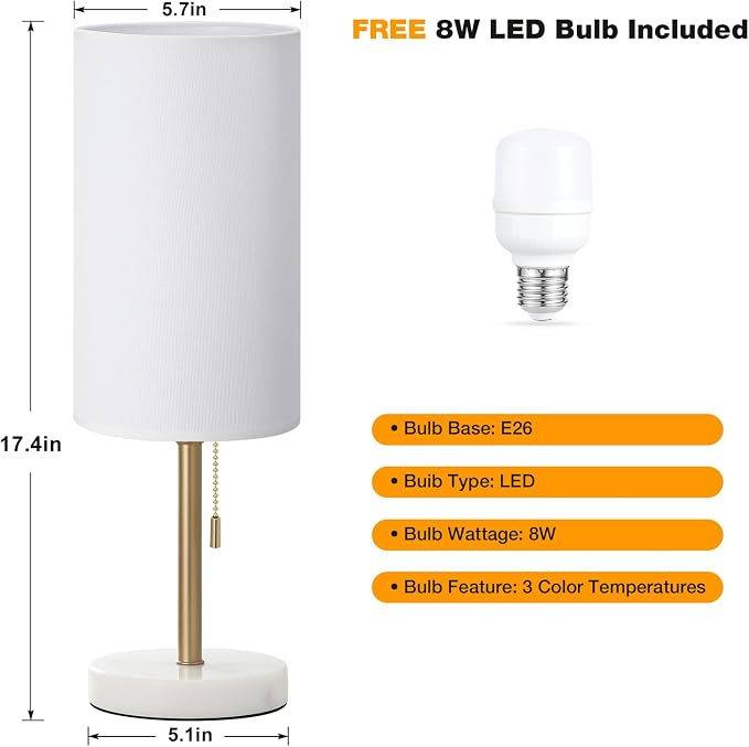 Dicoool 17" Bedside Table Lamp for Bedroom, Marble Desk Lamp with USB Ports | 17" Tall Night Stand Lamp, Luxury Marble Base, USB A+C Ports, 3 Color Temperatures, LED Bulb Included