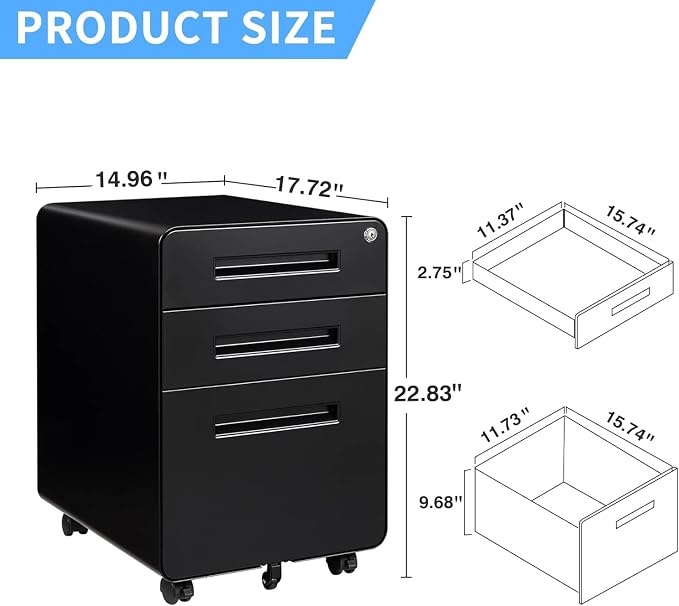 File Cabinet, 3 Drawer Filing Cabinets for Home Office with Lock Mobile Under Desk Fully Assembled Cabinet (Black)