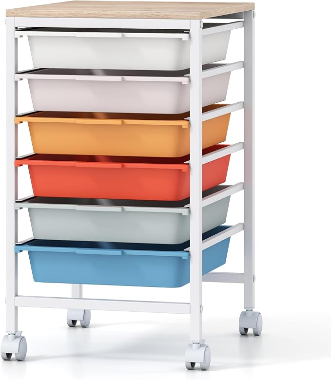 Giantex Rolling Storage Cart with 6 Drawers, Utility Cart w/Wooden Tabletop, Lockable Wheels, Multipurpose Organizer for Art Craft Scrapbooks Paper, Drawer Carts for Dorm Classroom Office, Macaron