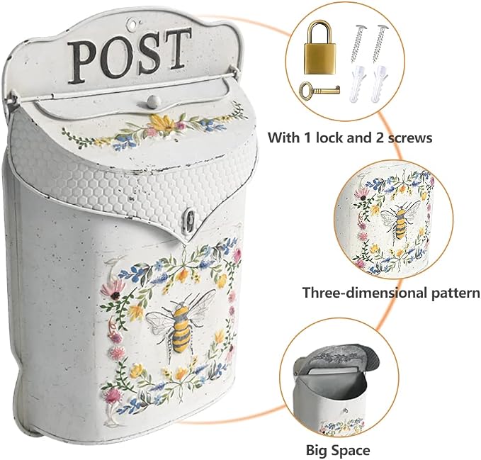BIG FORTUNE Wall Mount Mailbox for House Outside Vintage Metal Door Mailbox Antique Style Nostalgic Charm Home Decor Garden Vintage English Cottage Decor Flower Patter