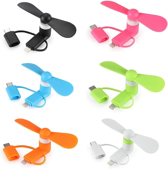JORMEY 6 Pack Mini Cell Phone Fan, 3 in 1 Portable Cellphone Fan Pocket Fans Travel Fans Fast Cooling for Summer Outdoor, for iPhone Android Phone/Type-C Interfaces