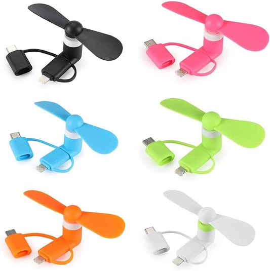 JORMEY 6 Pack Mini Cell Phone Fan, 3 in 1 Portable Cellphone Fan Pocket Fans Travel Fans Fast Cooling for Summer Outdoor, for iPhone Android Phone/Type-C Interfaces