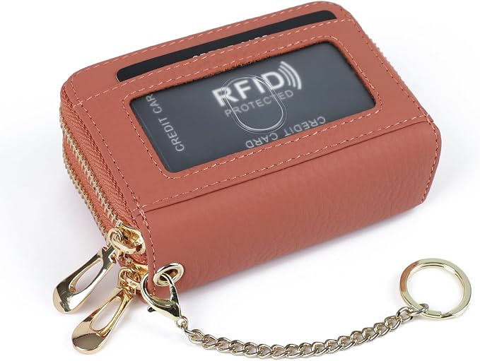 imeetu RFID Credit Card Holder, Small Card Wallet Women, Leather Card Case | Genuine Leather Women's Card & id Cases, Change Coin Purse with Zipper Keychain id Window, 20 Colors & 3 Styles, Daily, Gifts