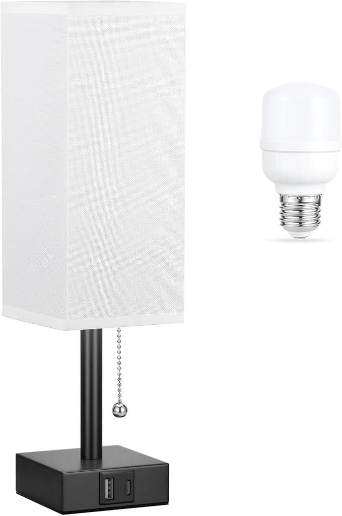 White Small Table Lamp for Bedroom - 3 Color Temperature 3000K 5000K 4000K Bedside Lamp, Pull Chain Control, USB A and C Charging Ports, Black Base, for Kids Office Dorm Nightstand, Bulb Included | Pull Chain Lamp, 3 Color Modes(3000K/4000K/5000K), E26...