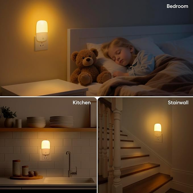 LED Night Light Plug into Wall, 2 Pack Dimmable Night Lights with Dusk to Dawn Sensor & Retractable Plug & 3 Adjustable Brightness, 3000K Warm Nightlight for Adults/Kids/Bedroom/Stair/Hallway/Kitchen