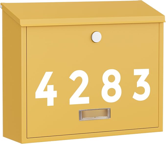 LAND·VOI Locking Wall-Mount Mailbox for Outside, with 4 Keys, Galvanized Steel Rustproof Metal Postbox, 4" Dx13.8 Wx11.2 H, Includes 3 Sets of Mailbox Numbers, Nameplate, Yellow