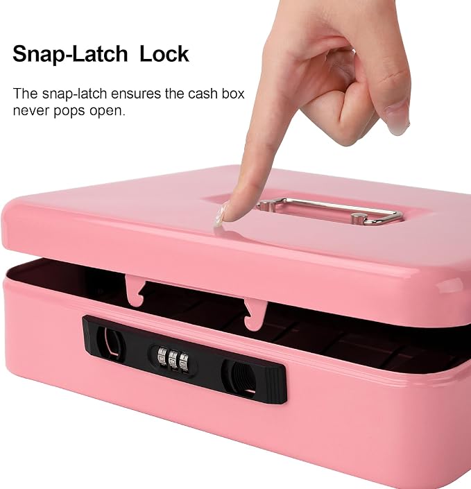 Jssmst Locking Cash Box with Money Tray and Coin Lid, 11.8L x 9.5W x 3.5H Inches, Cash Box with Combination Lock Safe Money Saving Organizer Box, Pink, XLarge