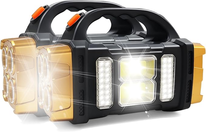 Solar Handheld Flashlight, 4 Lighting Modes Rechargeable LED Work Light, USB-C & Solar Powered Portable Lantern,Emergency Camping Light for Outdoor, Hiking, Power Outage (Gold-2pcs)