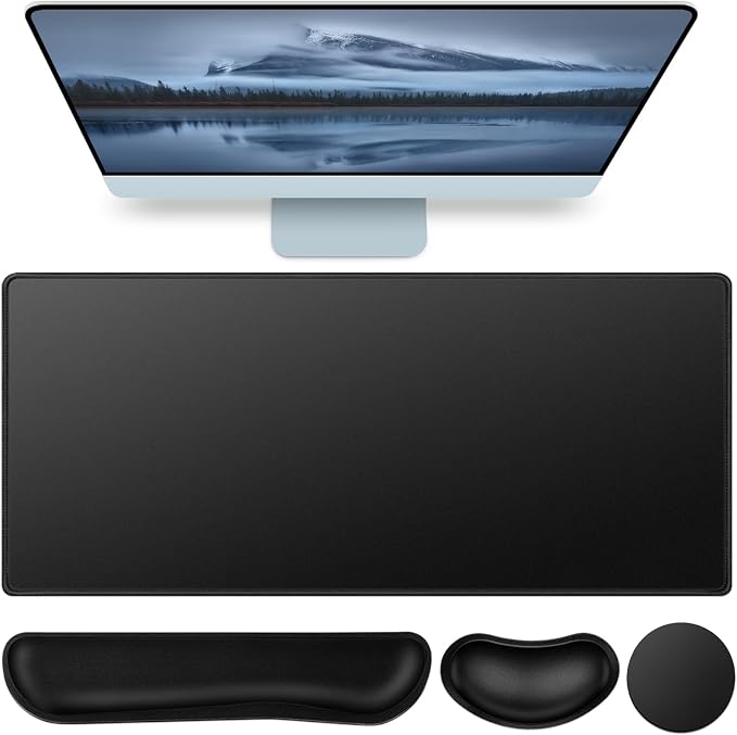 Mouse Pad Black, Mouse Pad with Wrist Rest, 4-in-1 Large Mousepad Keyboard | Wrist Rest+Mouse Pad Wrist Support+Cup Pad Set,Ergonomic Anti-Slip,Memory Foam Desk Mat for Home Office Gaming(35.4×15.7in)