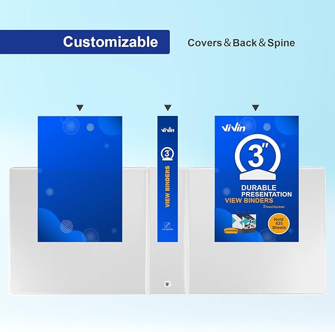 ViVin 3 Ring Binder 3 inch with Clear View Cover, Large 3" Round Ring for Strength, Holds 600 Sheets of US Letter Size Paper, Office Home School, 2 Pack (White)