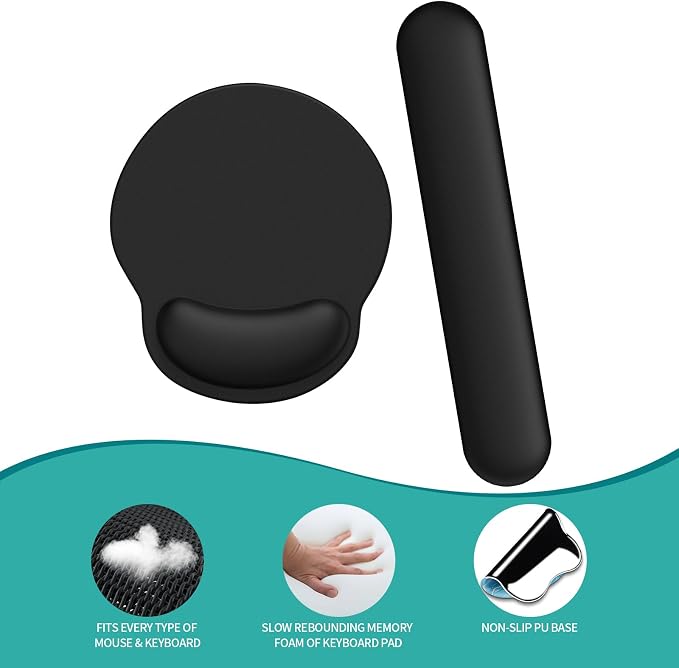 Mouse Pad Wrist Support, Ergonomic Memory Foam Keyboard Wrist Pad & Gel Wrist Rest Set for Computer Keyboard for Easy Typing & Pain Relief for Office & Home(Black Set)