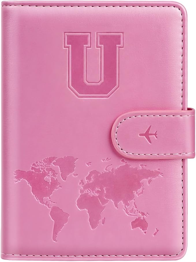 Passport Holder Cover Initial Letter A-Z Travel Wallet Personalized | Travel Essentials, Embossed Design, RFID Blocking, Personalized Gift, Passport Book Holders for Women and Girls, Pink-U