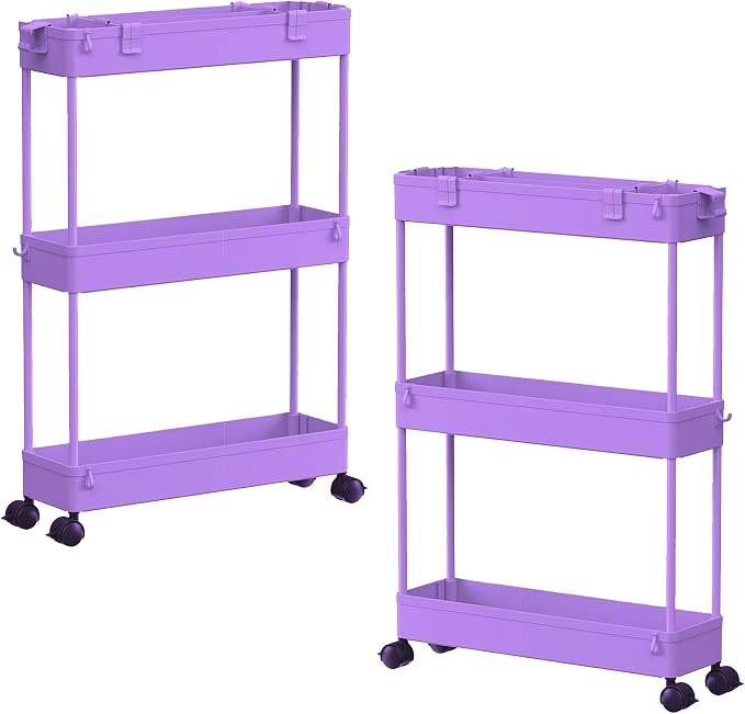 2-piece Set Slim Storage Cart 3 Tier,Bathroom Organizer Rolling Utility,Mobile Shelving Unit Slide Out for Office, Kitchen, Laundry Room & Narrow Places