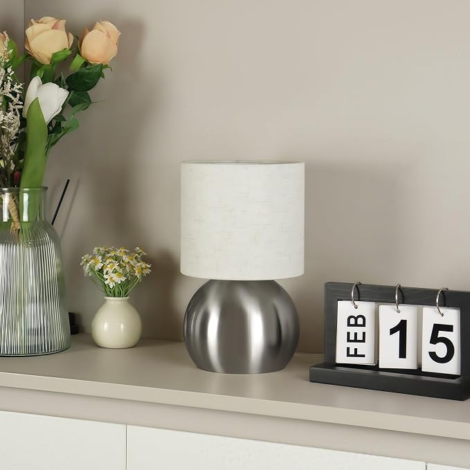 Modern Silvery Small Table Lamp with Cotton Linen Shade, 6.2×6.2×10.4 inch LED Desk Light, One-Button Switch for Bedroom, Living Room, Nightstand, Includes Warm Light Bulb