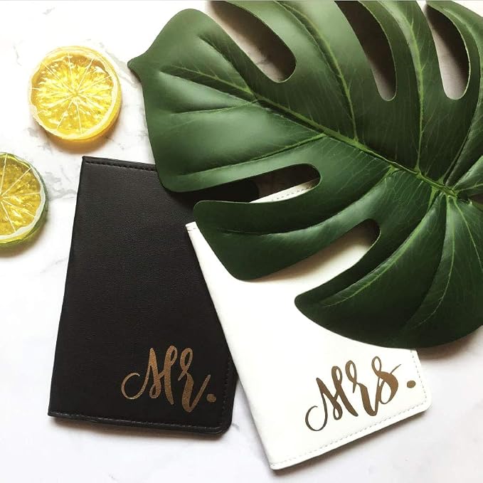 mr and mrs passport covers and luggage tags gift set, couple passport holder for honeymoon