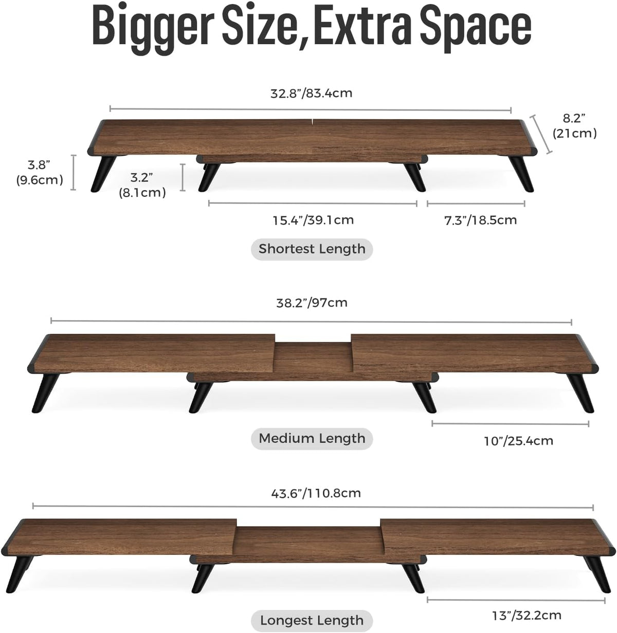 loukin Dual Monitor Stand Riser for Desk, 43.6"*8.2"*3.2" Large Computer Stand for 2 Monitors, Laptop, Printer, Length and Angle Adjustable Computer Shelf, Home Office,Max 43.6" Length(Brown)
