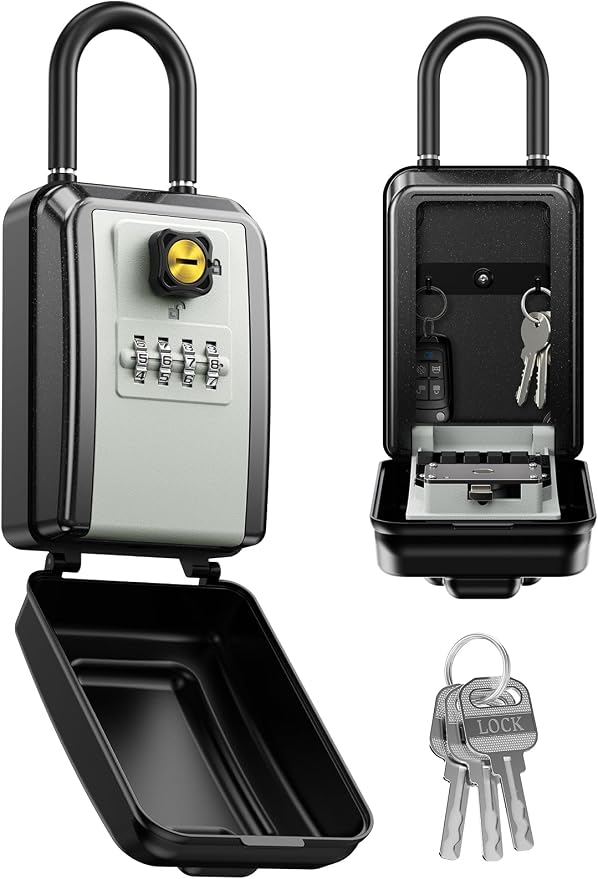 Large Lock Box for Keys with Code, 4 Digits Combination Portable Key Lock Box with Resettable Spare Key, Weatherproof Key Safe Storage Lockbox for Home, Office Door Handle, No Drilling Needed