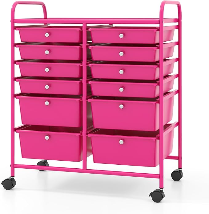 COSTWAY 12-Drawer Rolling Storage Cart, Moveable Art Craft Organizer | Lockable Wheels, Metal Shelf, Files Arrangement Tools Makeup Storage Cart for Office, Home, School (Hot Pink)