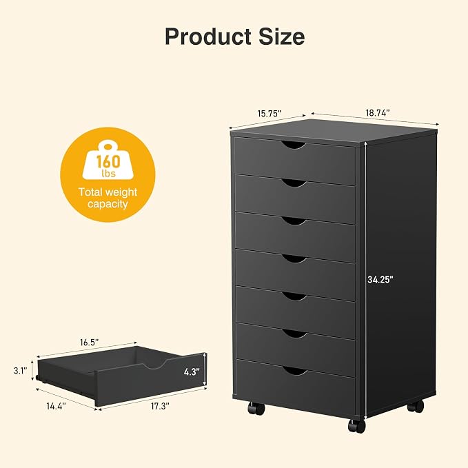 OLIXIS 7 Drawer File Cabinet, Printer Stand with Storage Cabinet | Wood Under Desk Storage Organization Holds Printer, Office Supplies, Not For Hanging Files, Fit Home Office Black